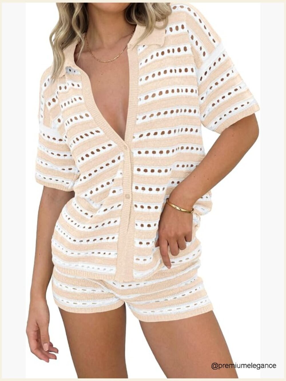 Womens Crochet Knit Short Sleeve Button Shirt & Shorts 2 Piece Set Coverup